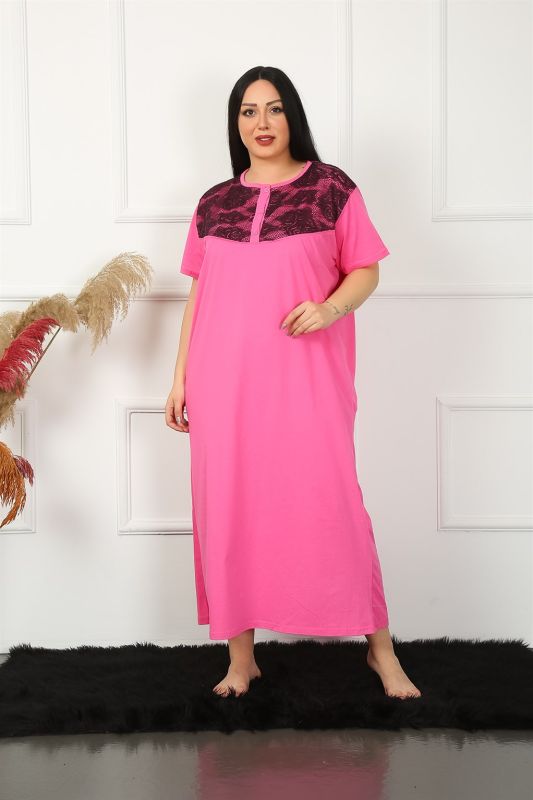 Moda Çizgi Big Dantelli Kısa Kol Fuşya Anne Gecelik 1348 - 3