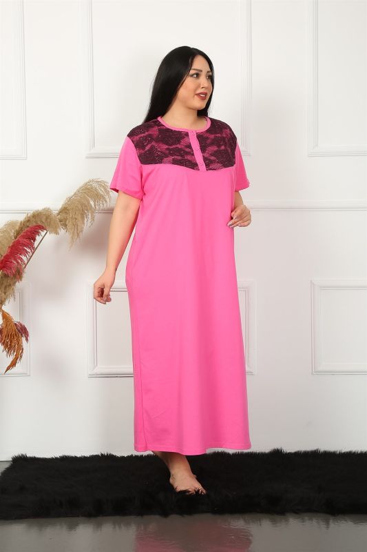 Moda Çizgi Big Dantelli Kısa Kol Fuşya Anne Gecelik 1348 - 4