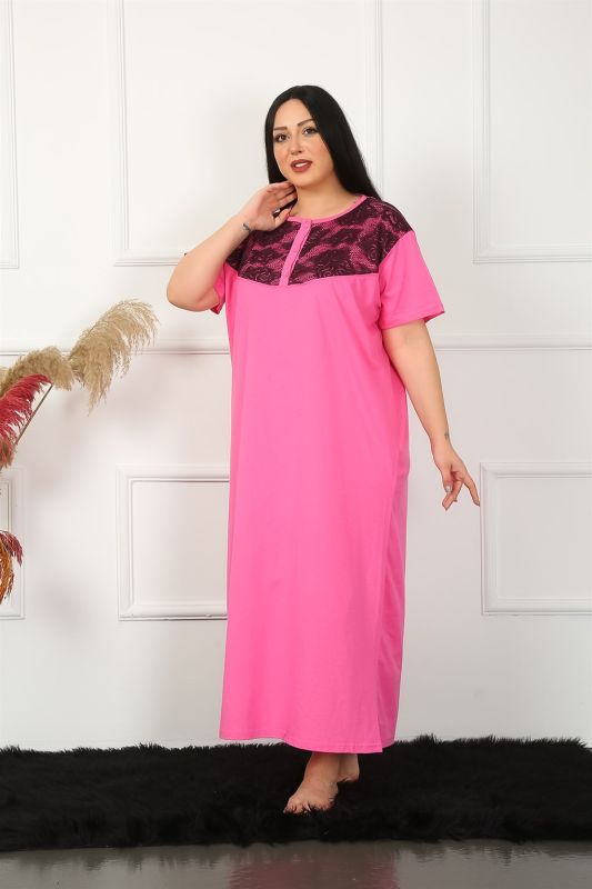 Moda Çizgi Big Dantelli Kısa Kol Fuşya Anne Gecelik 1348 - 5