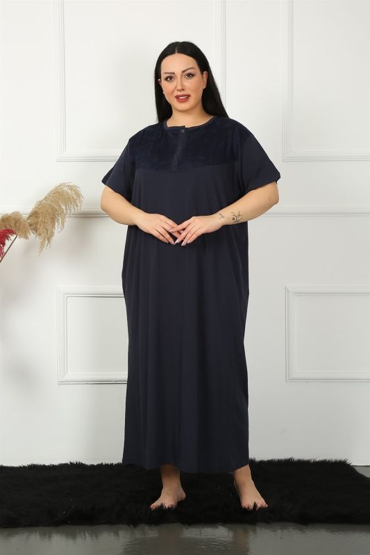Moda Çizgi Big Dantelli Kısa Kol Lacivert Anne Gecelik 1348 - 1