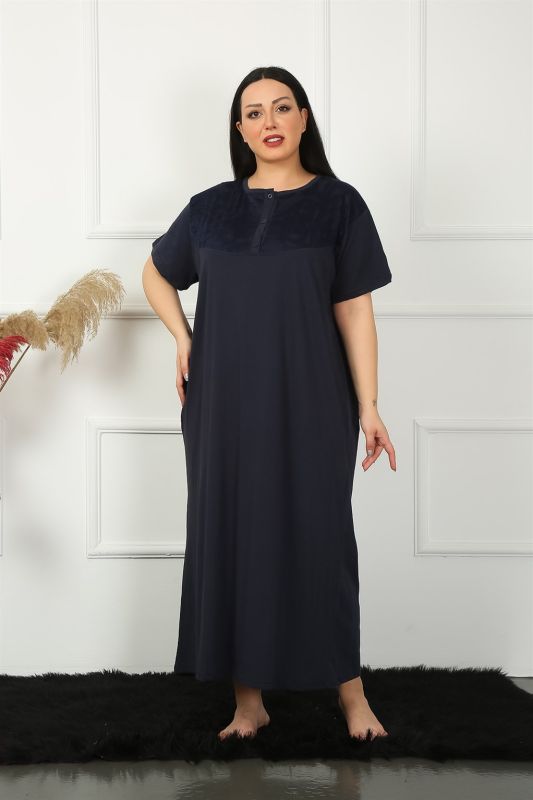 Moda Çizgi Big Dantelli Kısa Kol Lacivert Anne Gecelik 1348 - 6