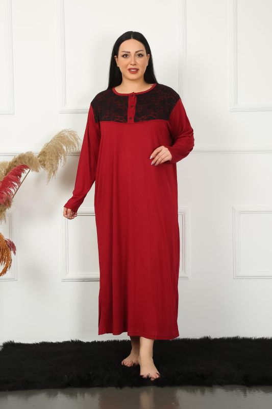 Moda Çizgi Big Uzun Kol Dantelli Bordo Anne Gecelik 1355 - 2