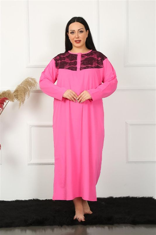 Moda Çizgi Big Uzun Kol Dantelli Fuşya Anne Gecelik 1355 - 1