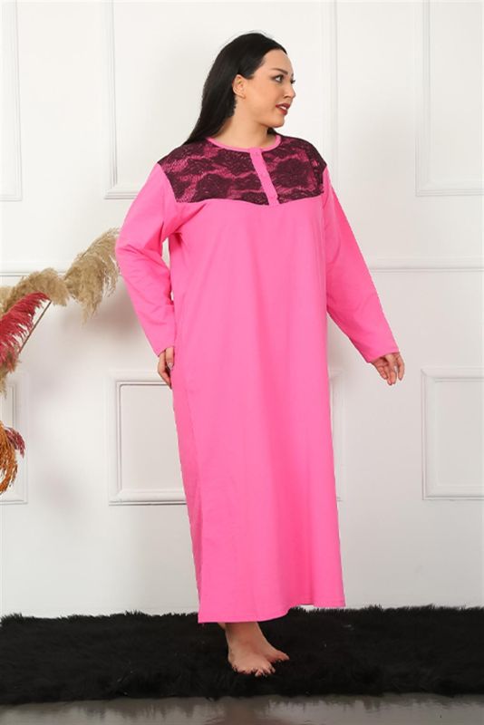 Moda Çizgi Big Uzun Kol Dantelli Fuşya Anne Gecelik 1355 - 3