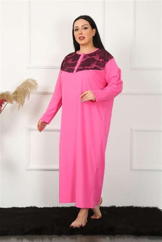 Moda Çizgi Big Uzun Kol Dantelli Fuşya Anne Gecelik 1355 - 4