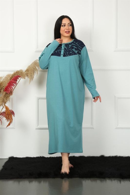 Moda Çizgi Big Uzun Kol Dantelli Petrol Anne Gecelik 1355 - 1
