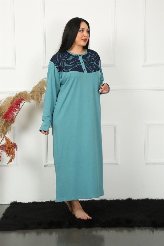 Moda Çizgi Big Uzun Kol Dantelli Petrol Anne Gecelik 1355 - 2