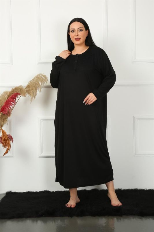 Moda Çizgi Big Uzun Kol Dantelli Siyah Anne Gecelik 1355 - 2