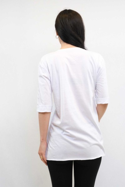 Moda Çizgi Bisiklet Yaka Oversize Tshirt Beyaz - Thumbnail