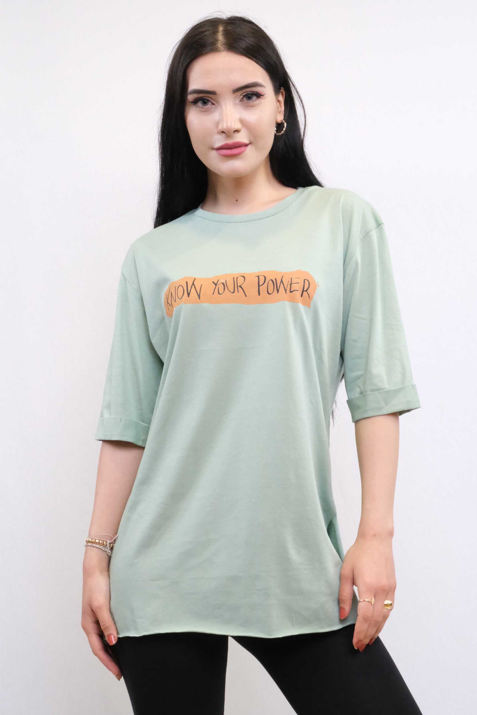 Moda Çizgi Bisiklet Yaka Oversize Tshirt Mint - S | MİNT YEŞİLİ