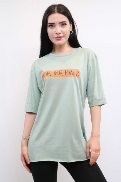 Moda Çizgi Bisiklet Yaka Oversize Tshirt Mint - Thumbnail