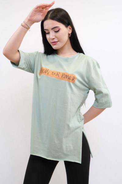 Moda Çizgi Bisiklet Yaka Oversize Tshirt Mint - Thumbnail