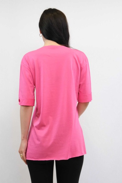 Moda Çizgi Bisiklet Yaka Oversize Tshirt Pembe - Thumbnail