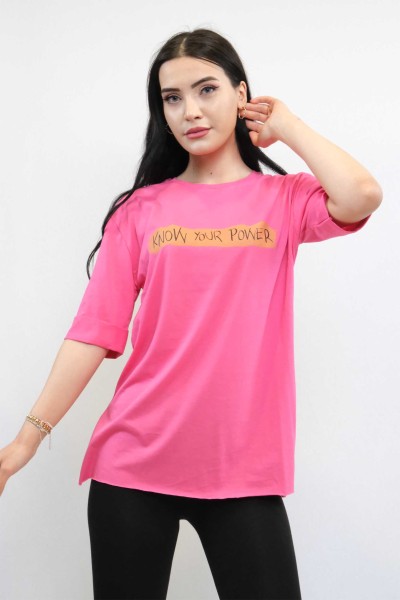 Moda Çizgi Bisiklet Yaka Oversize Tshirt Pembe - Thumbnail