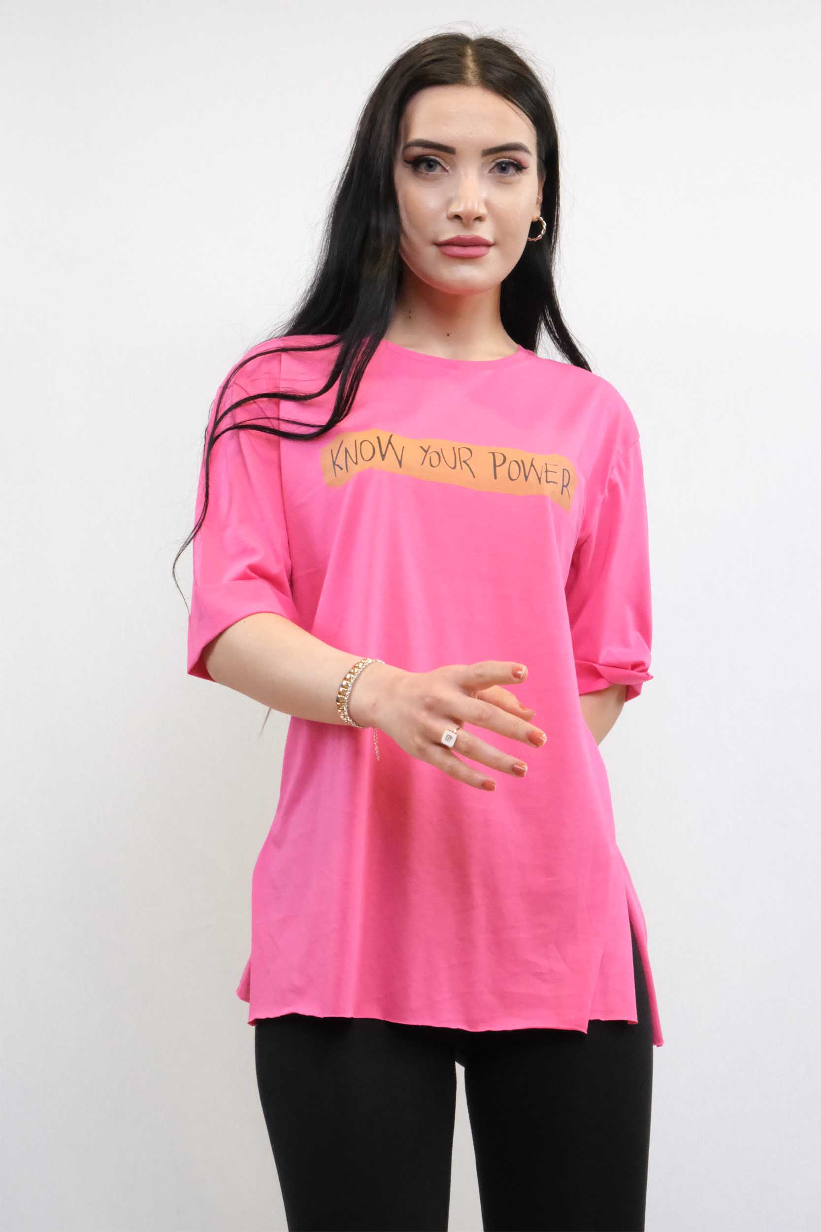 Moda Çizgi Bisiklet Yaka Oversize Tshirt Pembe - S | Pembe