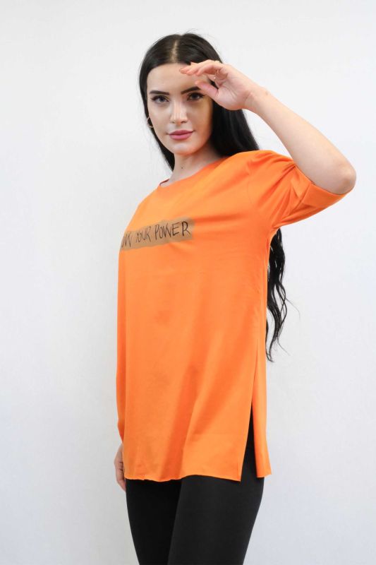 Moda Çizgi Bisiklet Yaka Oversize Tshirt Turuncu - 1