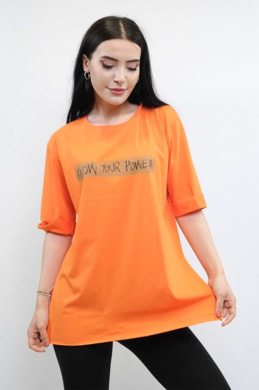 Moda Çizgi Bisiklet Yaka Oversize Tshirt Turuncu - 2