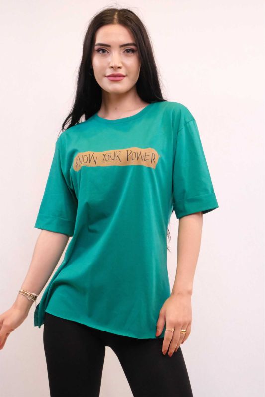 Moda Çizgi Bisiklet Yaka Oversize Tshirt Yeşil - 1