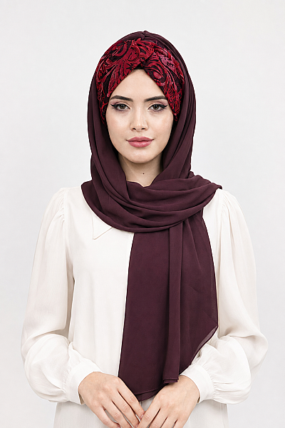 Bordo Çiçek Desen Burgu Hazır Şal