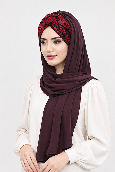 Bordo Çiçek Desen Burgu Hazır Şal - 2