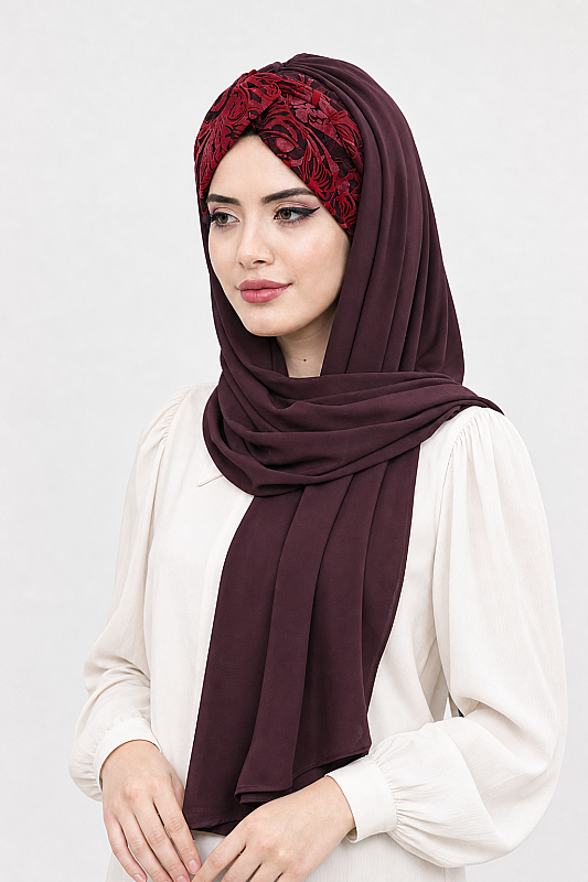 Bordo Çiçek Desen Burgu Hazır Şal - 2