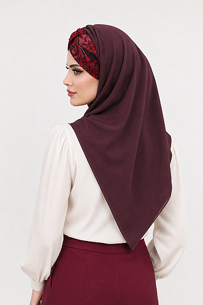 Bordo Çiçek Desen Burgu Hazır Şal - 3