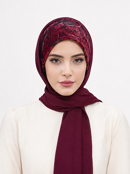 Bordo Flok Baskılı Bağcıklı Bandana Şal