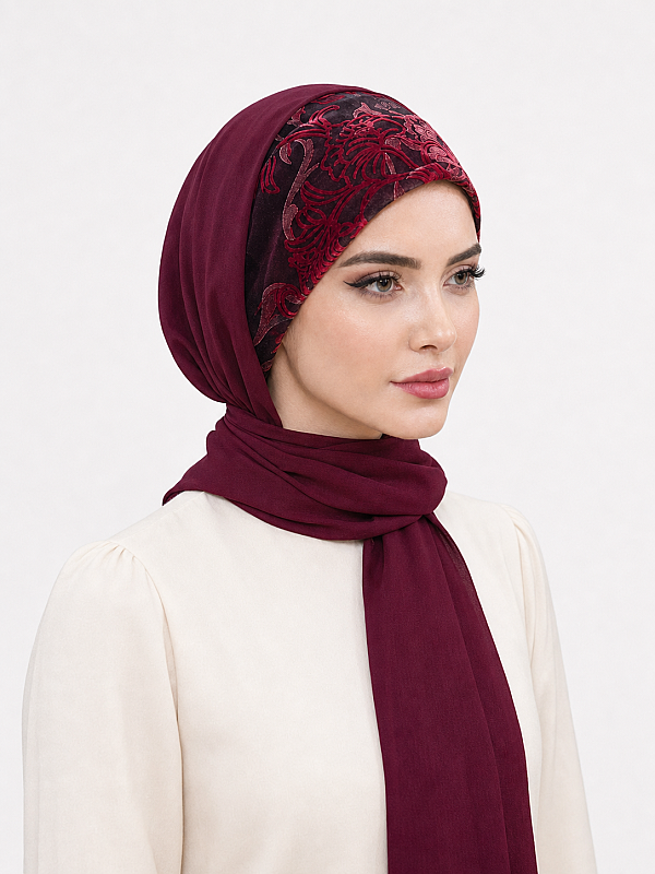 Bordo Flok Baskılı Bağcıklı Bandana Şal - 2