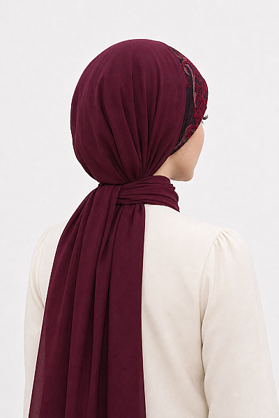 Bordo Flok Baskılı Bağcıklı Bandana Şal - 3