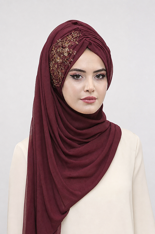 Bordo Güpürlü Abiye Şal - 1