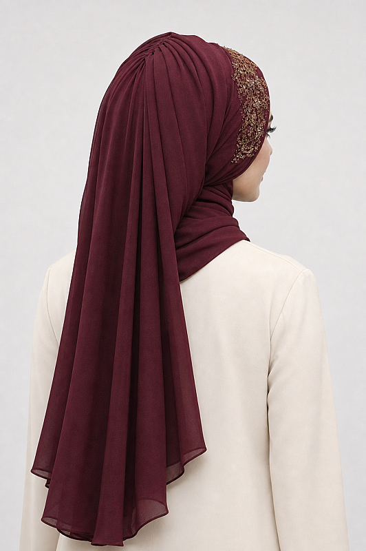 Bordo Güpürlü Abiye Şal - 3