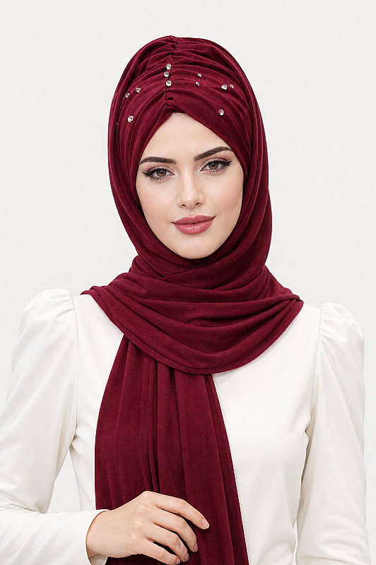 Bordo Işıltılı Taşlı Abiye Şal - 1