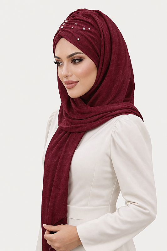Bordo Işıltılı Taşlı Abiye Şal - 2
