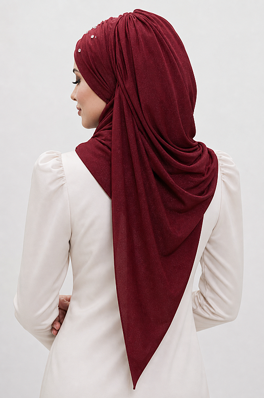 Bordo Işıltılı Taşlı Abiye Şal - 3
