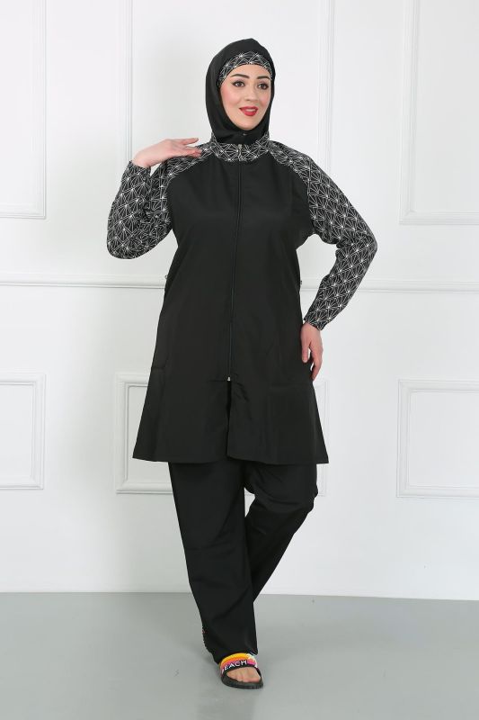 Moda Çizgi Büyük Beden Desenli Tesettür Mayo Siyah 44030 - 2