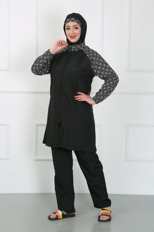 Moda Çizgi Büyük Beden Desenli Tesettür Mayo Siyah 44030 - 5