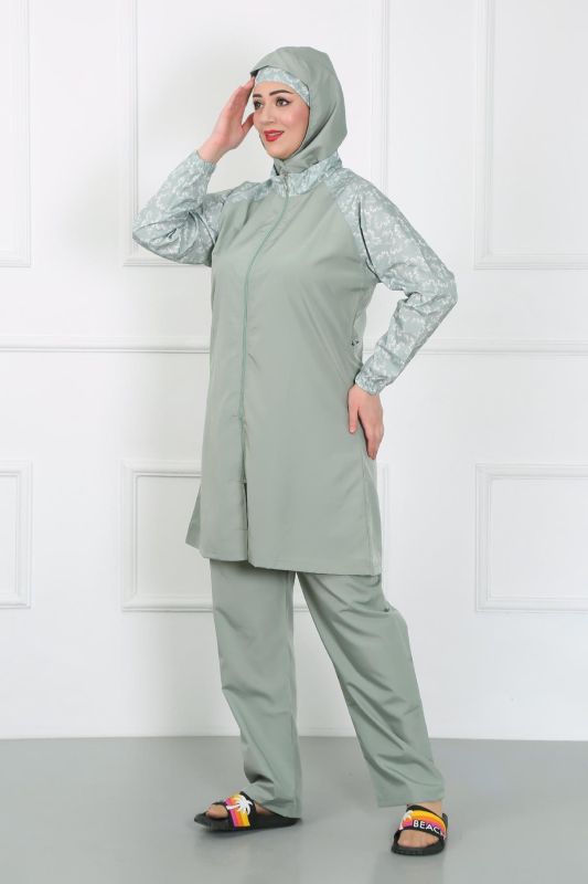 Moda Çizgi Büyük Beden Desenli Tesettür Mayo Su Yeşili 44030 - 4