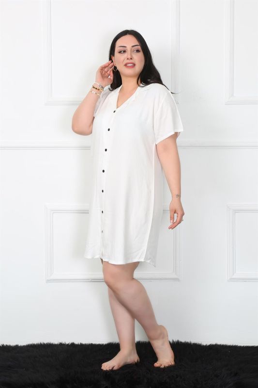 Moda Çizgi Büyük Beden Dokuma Düğmeli Beyaz Tunik Gecelik 1022 - 1