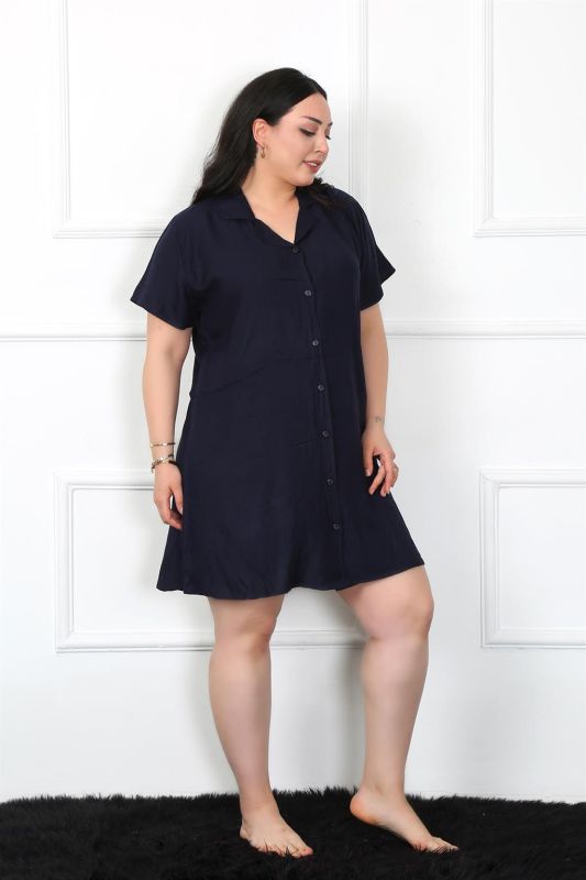 Moda Çizgi Büyük Beden Dokuma Düğmeli Lacivert Tunik Gecelik 1022 - 3