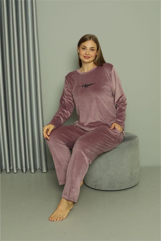 Moda Çizgi Büyük Beden Kadın Kadife Mor Pijama Takım 20628 - 1