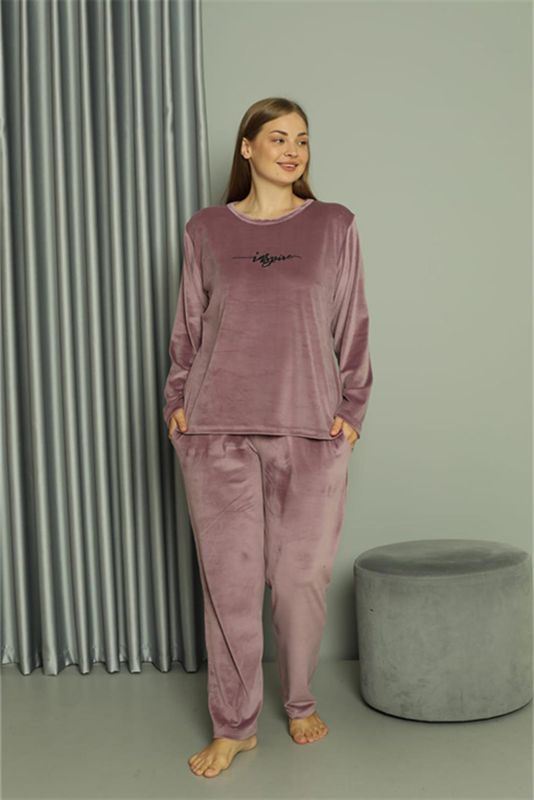 Moda Çizgi Büyük Beden Kadın Kadife Mor Pijama Takım 20628 - 4
