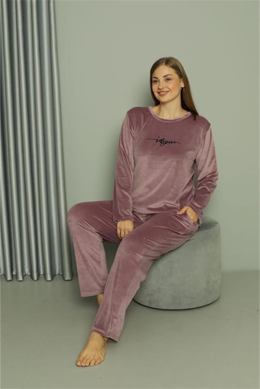 Moda Çizgi Büyük Beden Kadın Kadife Mor Pijama Takım 20628 - 5