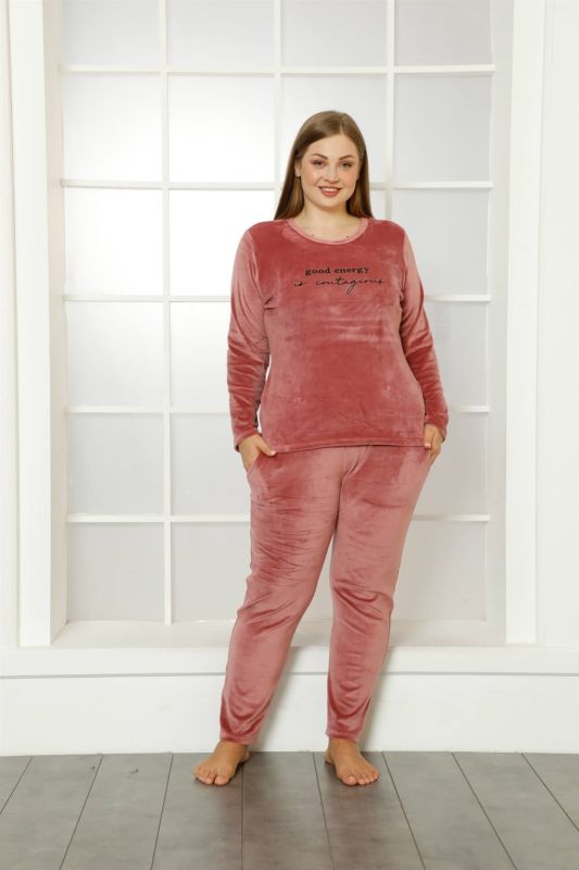 Moda Çizgi Büyük Beden Kadın Kadife Pijama Takım 9044 - 1
