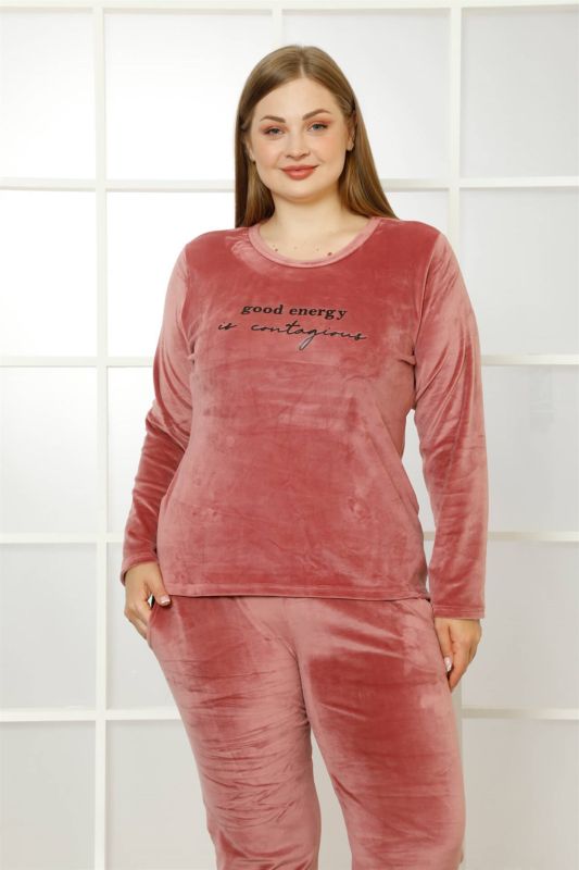 Moda Çizgi Büyük Beden Kadın Kadife Pijama Takım 9044 - 2