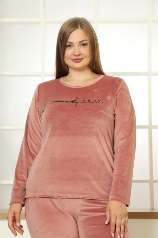 Moda Çizgi Büyük Beden Kadın Kadife Pijama Takım 9072 - 2