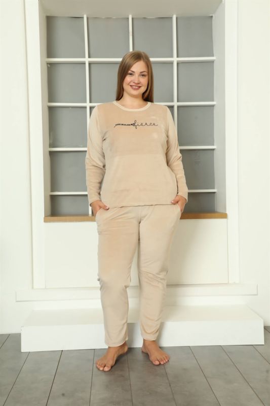 Moda Çizgi Büyük Beden Kadın Kadife Pijama Takım 9073 - 1