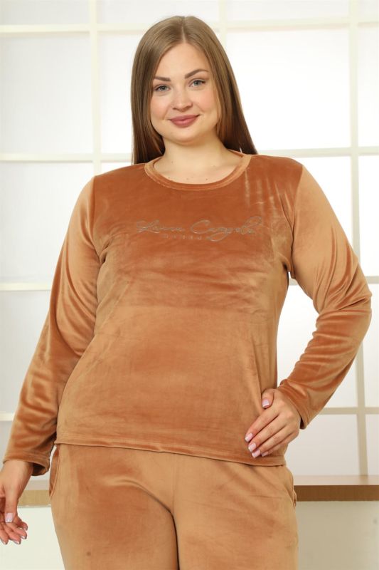 Moda Çizgi Büyük Beden Kadın Kadife Pijama Takım 9074 - 2