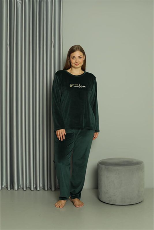 Moda Çizgi Büyük Beden Kadın Kadife Yeşil Pijama Takım 20628 - 1