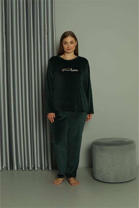 Moda Çizgi Büyük Beden Kadın Kadife Yeşil Pijama Takım 20628 - 2
