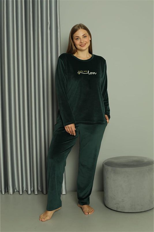 Moda Çizgi Büyük Beden Kadın Kadife Yeşil Pijama Takım 20628 - 3